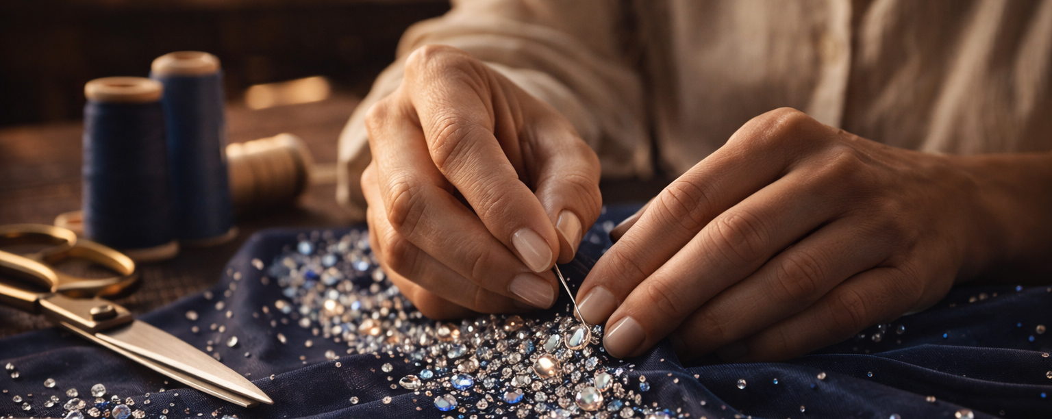 Professionelle Kostümschneiderin näht funkelnde LUXORIA® HQ Strasssteine von Hand auf ein Tanzkostüm im Atelier